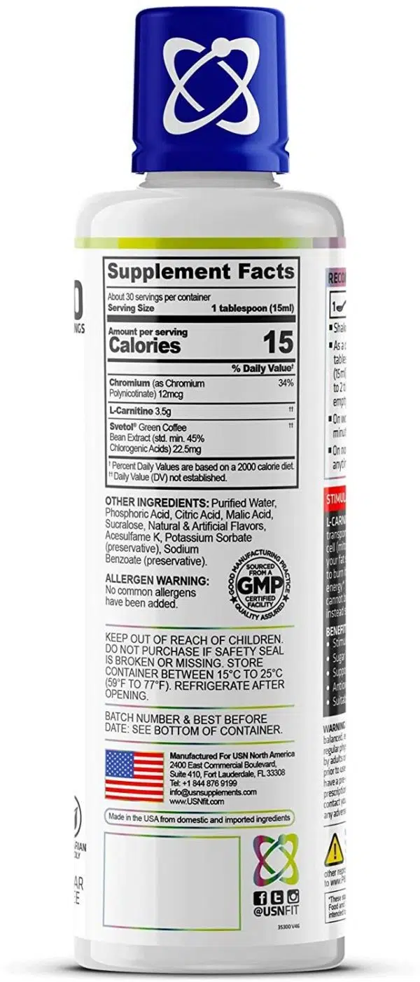USN Carnicut 3500 mg L-Carnitina 450 ml Green Apple - Imagen 2