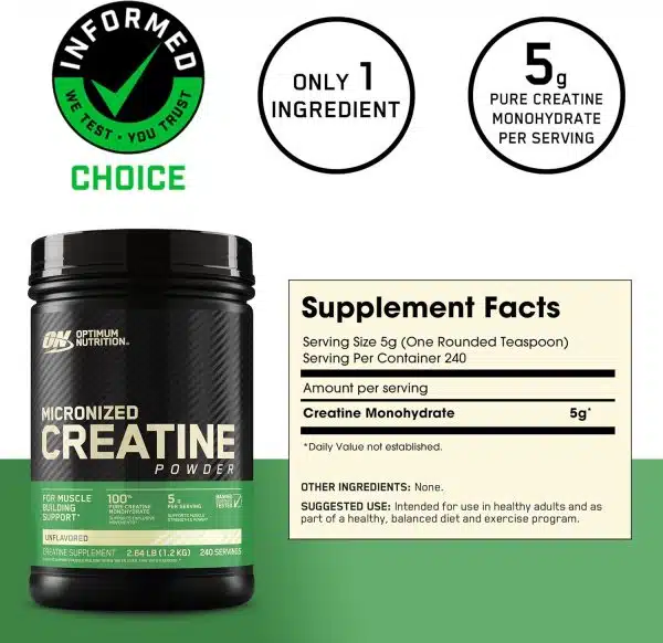 Optimum Nutrition Creatina Micronizada 1200 grs (Creatine 240 serv) - Imagen 2